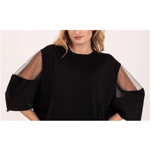 Size XS X-SMALL NEW$79.00 NINE WEST BLACK BLOUSON TOP SHEER 3/4 BALLOON SLEEVES - Picture 1 of 5